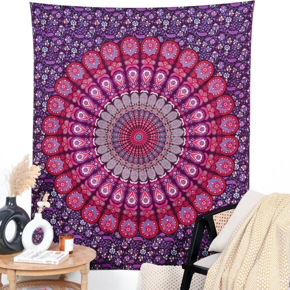 Indian Purple Pink Mandala Tapestry Wall Hanging Peacock Hippy Tapestries Hippie - Picture 1 of 6